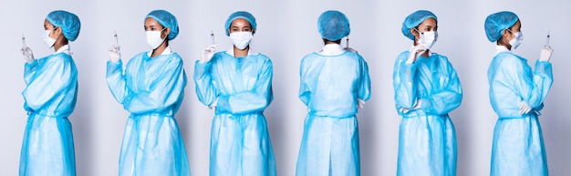 Asian Beautiful Doctor Nurse donna in uniforme blu di sicurezza con casco per l'igiene dello stetoscopio, siringa per guanti di gomma, maschera in ospedale medico, sfondo grigio di illuminazione studio isolato, gruppo collage 360