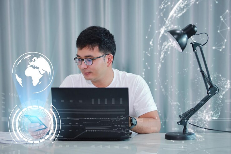 Asian man being futuristic vision, touch mobile phone digital technology.