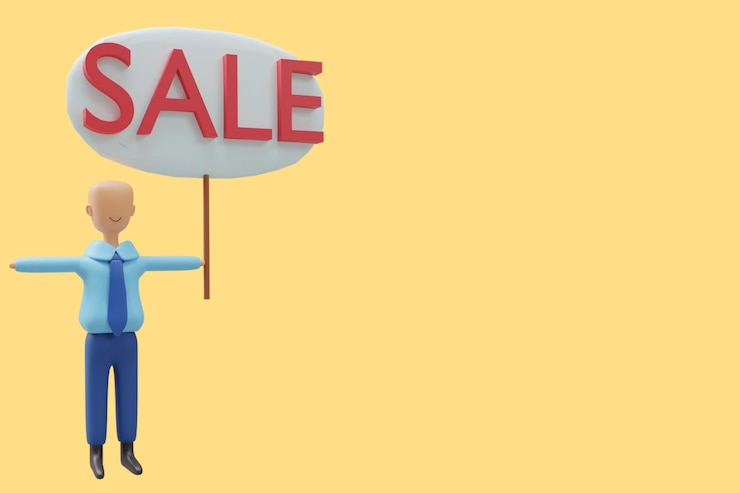 Photo asian man character caucasian character young isolated background with sign sale concept 3d render
