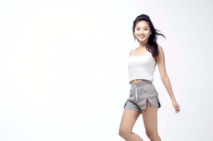 Asian woman in gray shorts posing for a camera