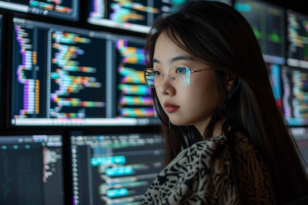 Asian woman wearing glasses closely inspects multiple computer screens on a wall An Asian woman developer surrounded by computer screens displaying lines of code