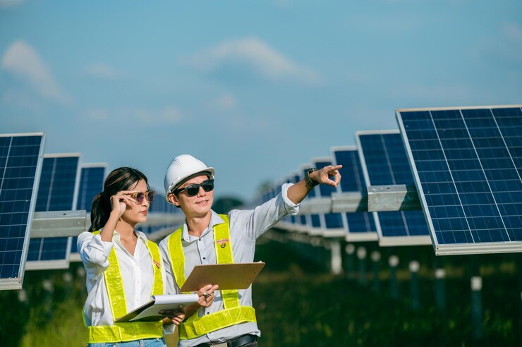 Asian Young Inspector Engineer male and female wearing protection helmet holding paperwork and board in hands walking between row of solar panel while checking operation in solar station