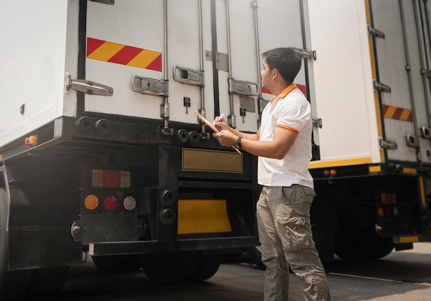 Asiatico un camionista che tiene appunti che controlla la sicurezza della porta del container Sicurezza e manutenzione dell'ispezione del camion
