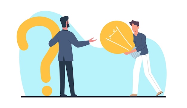 asking question and getting answer solving problem and finding solution man hold huge light blub faq service businessman ask for reply or idea cartoon flat isolated vector concept