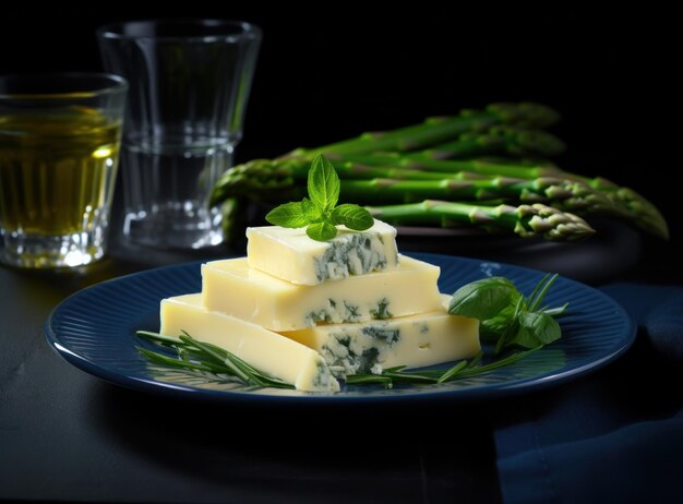 Asparagi con formaggio feta su un piatto con limone