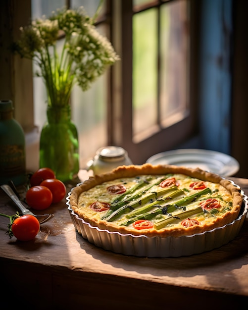 Asparagi rustici e quiche di pomodoro alla luce naturale