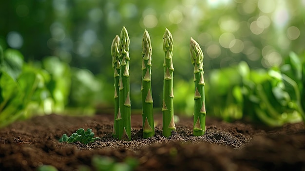 Asparagi verdi che crescono nel suolo su uno sfondo sfocato da vicino
