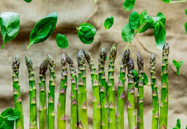 Asparagi verdi freschi e foglie di basilico su sfondo di iuta.