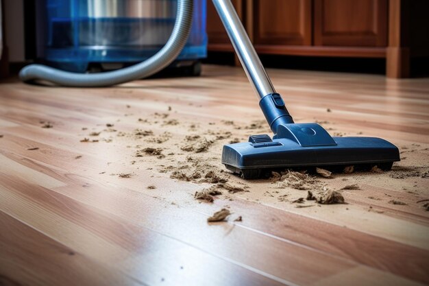 Aspirapolvere che spazza via la polvere dal pavimento in legno duro