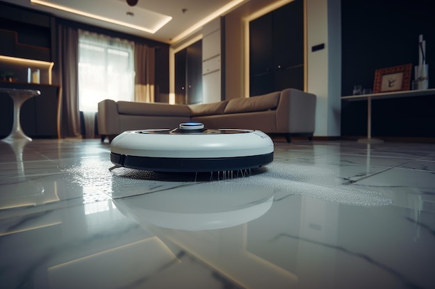 Aspirapolvere robotico che pulisce il pavimento nel soggiorno di una casa Un robot pulitore futuristico AI che pulisce la casa Generato da AI