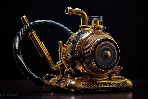 Aspirapolvere Steampunk oro su sfondo nero fumoso IA generativa