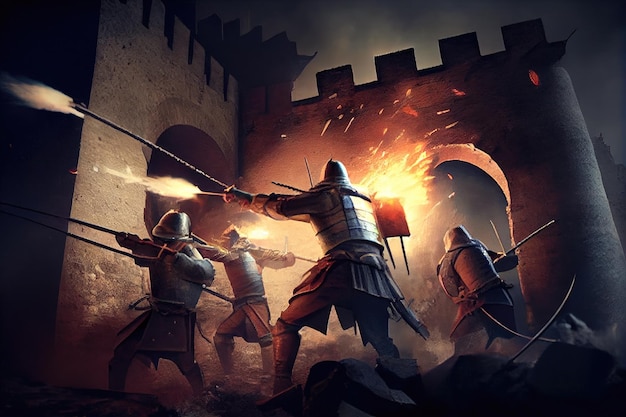 Assalto a una fortezza medievale con soldati che lanciano frecce contro i loro aggressori creati con l'IA generativa