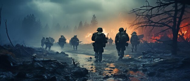 assalto di fanteria nella nebbia e fumo sul campo di battaglia idea di warxA