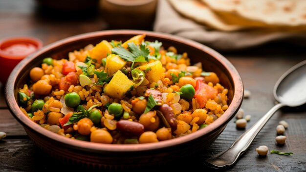 Assapora il delizioso AlooKanda Poha o Tarri Pohe che fa venire l'acquolina in bocca con il saporito Chana MasalaC piccante