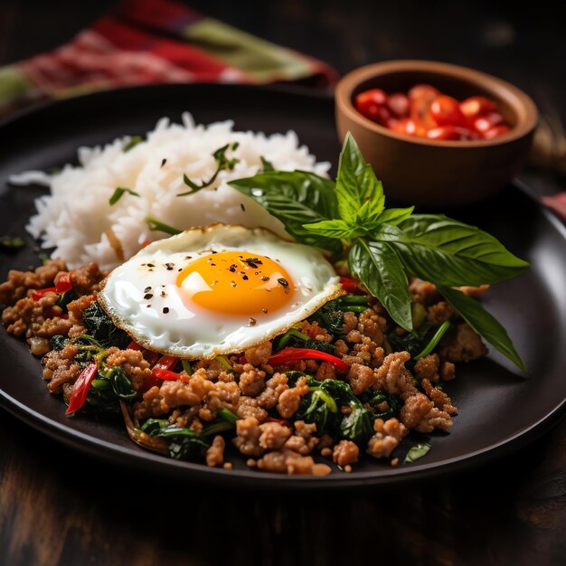 Assapora il gusto Thai Basil StirFry Delight con uovo fritto di tacchino tritato e riso al gelsomino