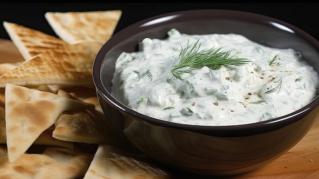 Assapora il Mediterraneo con una cremosa e rinfrescante salsa tzatziki greca e patatine fritte fatte in casa perfette per le feste o come spuntino leggero e salutare Generato da AI