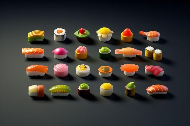 Assaporando il sushi Vibrante set di icone 3D di delizie di sushi colorate rese con Octane Render