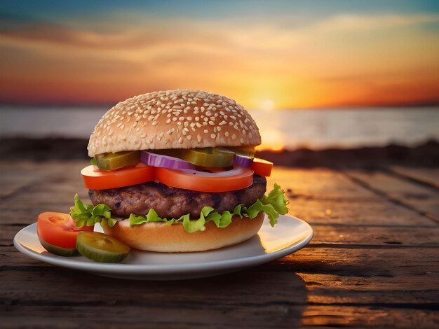 Assaporando un delizioso hamburger mentre il sole tramonta nel cielo
