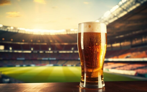 Assaporare birra fresca in un bicchiere sullo sfondo di uno stadio di calcio