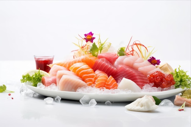 Assaporare l'arte del sashimi misto Un'affascinante delizia culinaria giapponese su uno sfondo bianco sereno