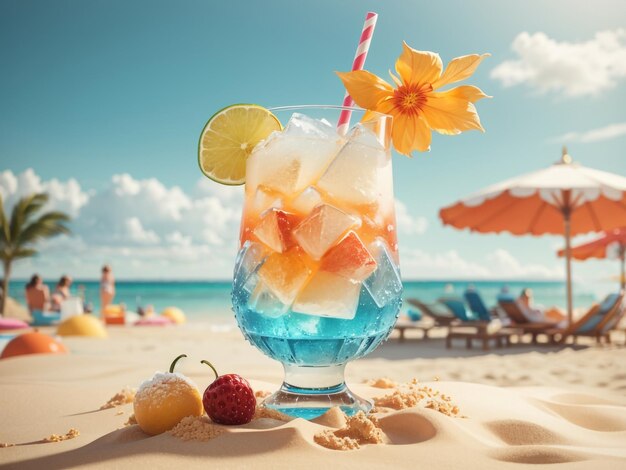 Assaporare un cocktail congelato sulla spiaggia Illustrazione 3D con vibrazioni vibranti