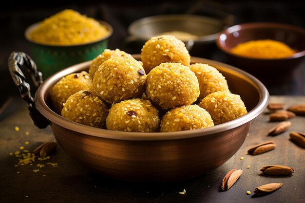 Assaporate la delizia del Besan Ladoo, un'irresistibile dolcezza con farina di gramo, zucchero, ghee e carta