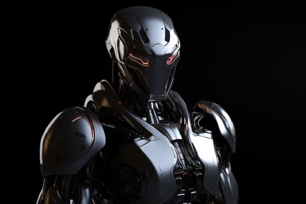 Assassino robot futuristico con occhi rossi su sfondo scuro