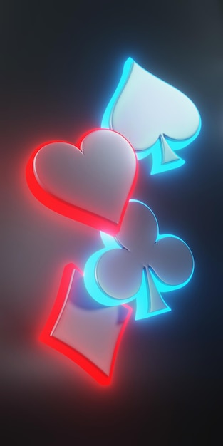 Assi carte da gioco simbolo club diamanti picche e cuori con luci al neon futuristiche rendering 3D