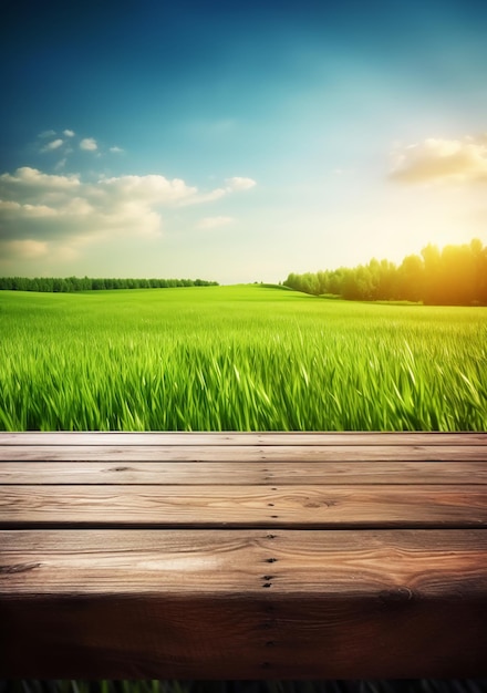 Assi di legno con un campo e il sole