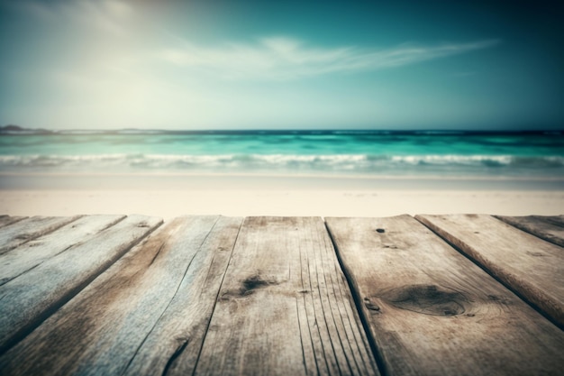 Assi di legno su una spiaggia con un cielo blu e il mare sullo sfondo.