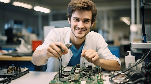 Assicurazione della qualità Un giovane ingegnere adulto ispeziona un chip per computer saldato