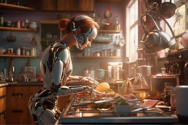 Assistente androide donna sibernetica L'intelligenza artificiale aiuta nella vita di tutti i giorni Robot pulitore cucina lavastoviglie IA per divertimento e intrattenimento futuro L'umanoide sembra un essere umano IA generativa