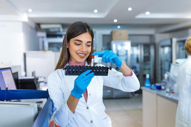 Assistente di laboratorio che mette le provette nel supporto Medico scienziato che esamina la provetta per l'analisi del sangue che lavora all'esperimento di biochimica nel laboratorio dell'ospedale di microbiologia