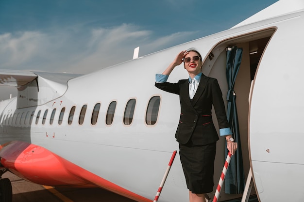 Assistente di volo donna in occhiali da sole in piedi sulle scale dell'aereo all'aeroporto e distogliendo lo sguardo