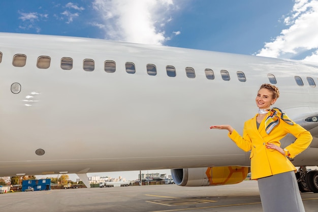 Assistente di volo gioioso in uniforme della compagnia aerea che mostra gli aerei e sorride mentre si trova all'aperto all'aeroporto