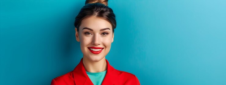 Assistente di volo sorridente in uniforme che posa su uno sfondo turchese