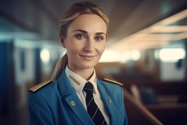 Assistente di volo sorridente Lavoro turismo femminile Genera Ai