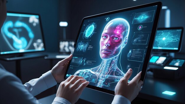 Assistente virtuale AI visualizzato su un tablet o uno schermo Intelligenza artificiale ruolo emergente nel pati