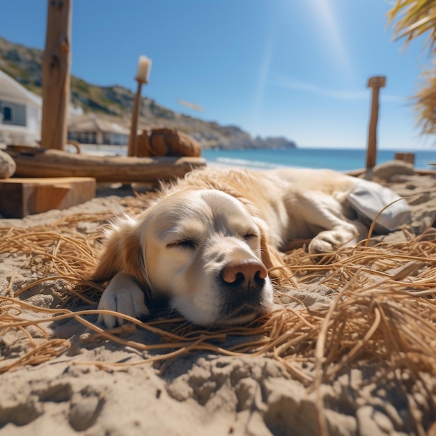 Assisti all'adorabile vista di un cane assonnato che sonnecchia pacificamente sulle rive sabbiose durante una rilassante vacanza al mare IA generativa