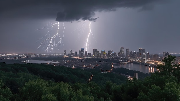 Assisti alla drammatica visualizzazione di un temporale catturato con una straordinaria risoluzione 8K mentre i fulmini attraversano il paesaggio urbano Generato dall'IA