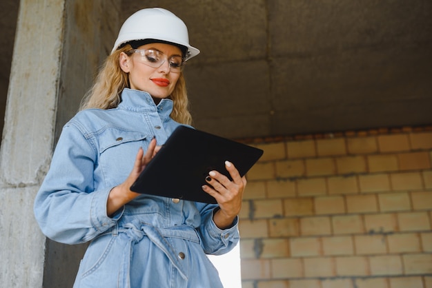 Assorbito nel lavoro di una donna ingegnere che lavora con un tablet sullo sfondo del cantiere. Ritratto di giovane architetto, dispositivi di protezione. Messa a fuoco selettiva.