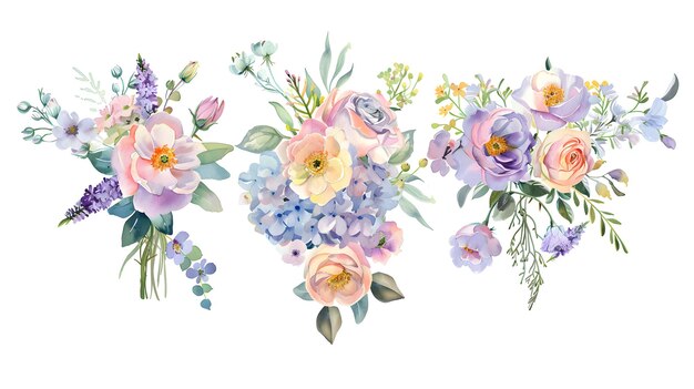 Assortimento di bouquet di acquerelli floreali per matrimoni