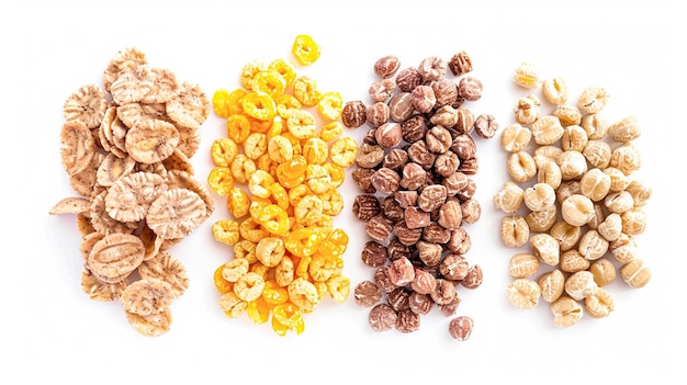 Assortimento di cereali, muesli o avena per una colazione sana Prodotto del mercato agricolo biologico isolato su sfondo bianco