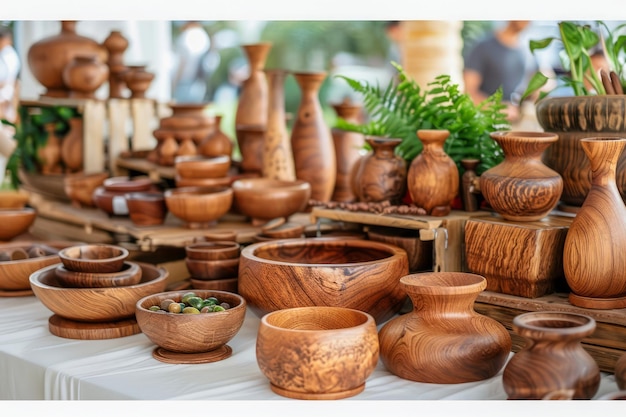 Assortimento di ciotole di legno e utensili da cucina realizzati a mano esposto al mercato degli artigiani