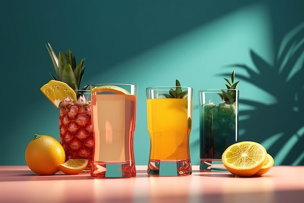 Assortimento di cocktail di frutta e verdura in un bicchiere di vetro su uno sfondo luminoso Illustrazione dell'IA generativa