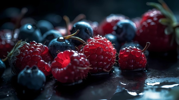Assortimento di diversi tipi di frutti di bosco su uno sfondo scuro