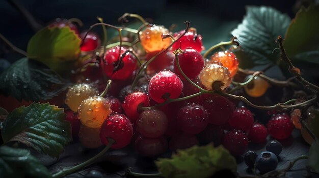 Assortimento di diversi tipi di frutti di bosco su uno sfondo scuro