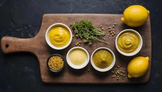 Assortimento di diversi tipi di senape con limone su una tavola da taglio