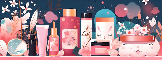 Assortimento di flaconi cosmetici rosa pastello kawaii