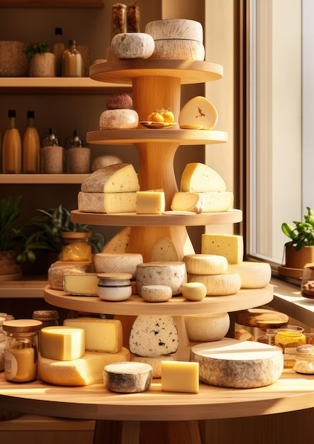 Assortimento di forme di formaggio di lusso su uno scaffale Generative Ai